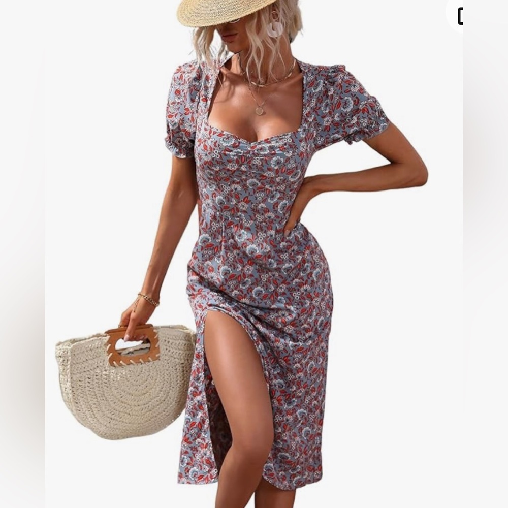 Womens Floral Print Sweetheart Neck Puff Sleeve Split Thigh A Line Dress